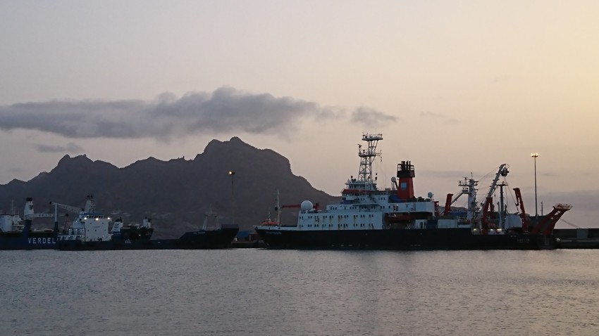 RV Meteor in the harbour of Mindelo, Sao Vicente. In the background the mountaint that is called: 'the sleeping man'