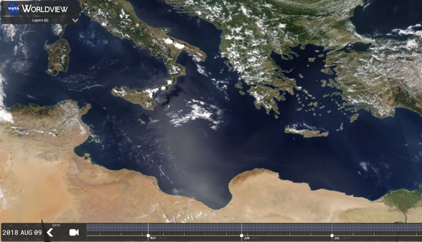 Lybian dust blowing across the Mediterranean Sea. Image by NASA from their earthobservatory website