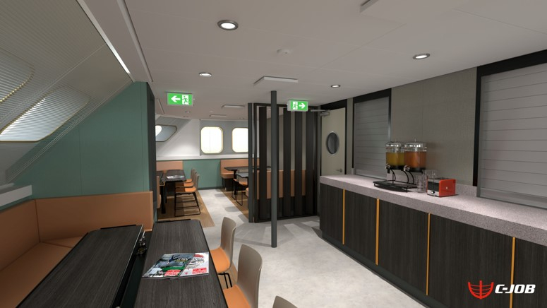 Impression of the interior of RV Wim Wolff. Ilustrations (up and down): C-job