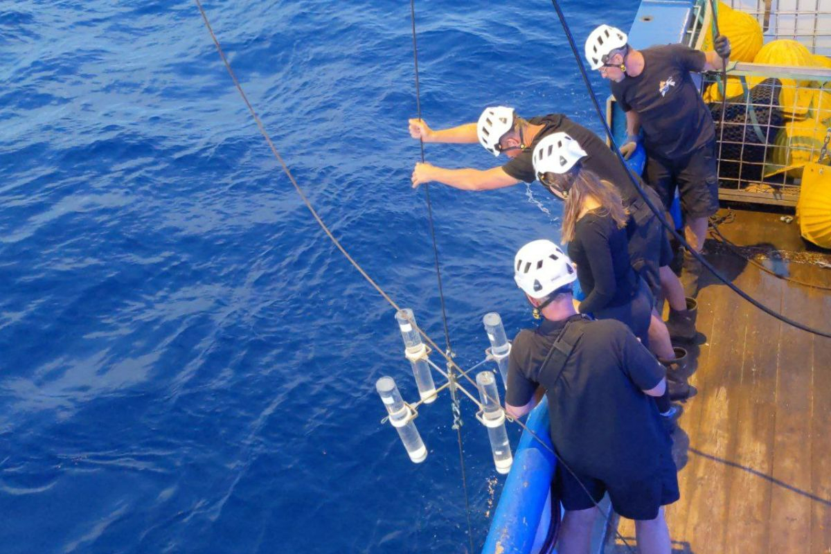 The drifting sediment trap is ready to go into the water, to – as the name says – drift on its own on the ocean and collect samples for 24 hours. – Photo: Ben Cala