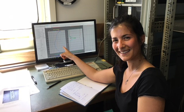 Catharina Pieper using the newly designed NIOZ hydrocast water sampler on board the RV Pelagia.
