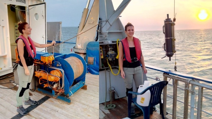Danica operating the winch of the CTD (left) and tapping sample water from the Niskin bottle (right)