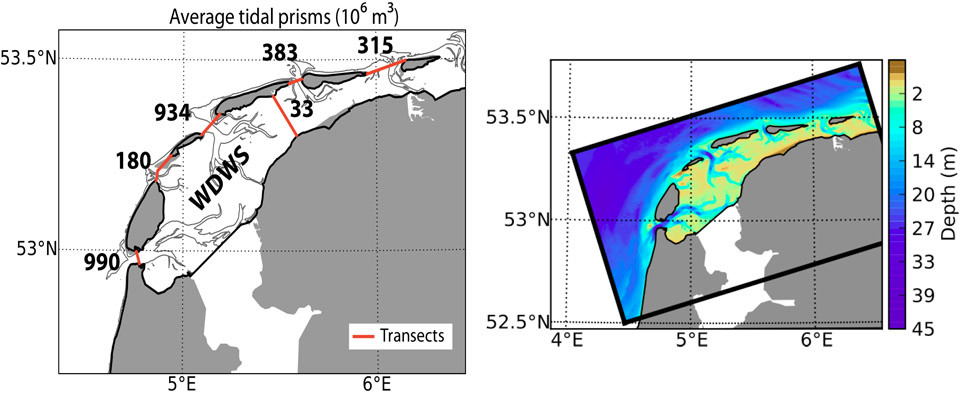 Model result: mean water volumes transported during ebb and flood through transects in the tidal inlets and across the watershed south of Terschelling (left), and Model domain for the Dutch Wadden Sea (right).