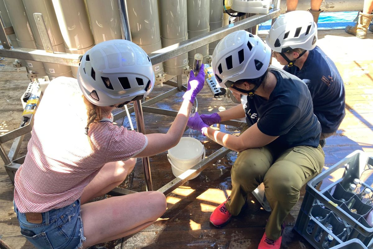 Water sampling from the CTD rosette. Photo: Matthew Humphreyss