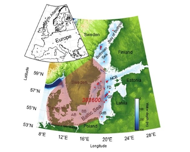 De rode stippen geven de locaties aan waar sedimentkernen uit de Baltische Zee zijn gehaald. 