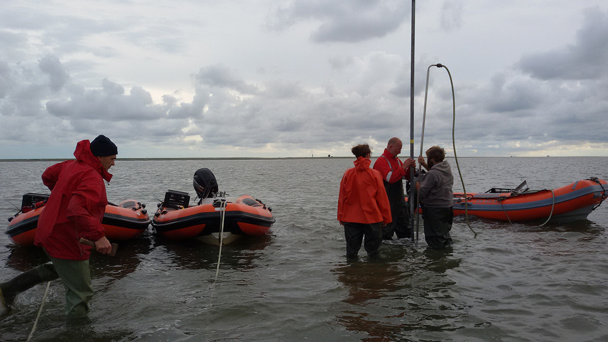 Het team van het NIOZ plaatst één van de 15 ontvangers in de Waddenzee. Foto: Allert Bijleveld.