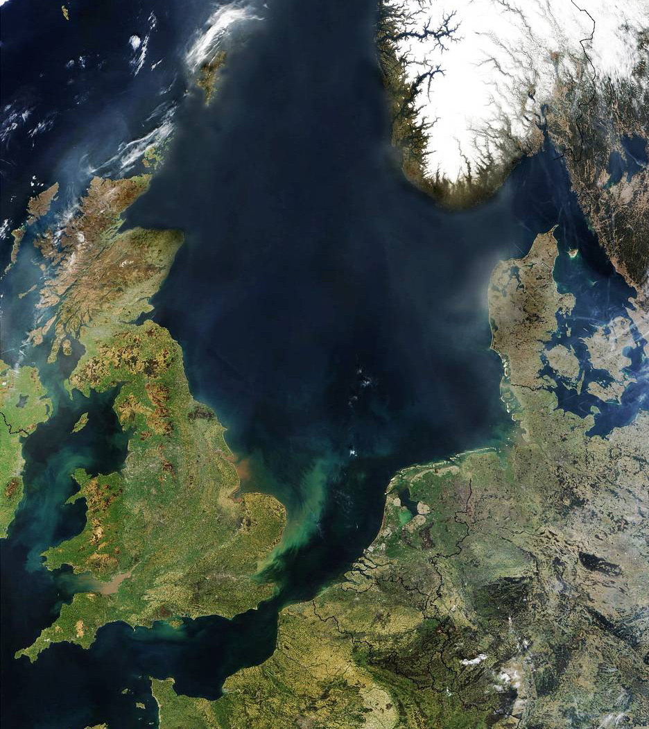 De Noordzee gezien vanuit de ruimte. Foto: NASA.