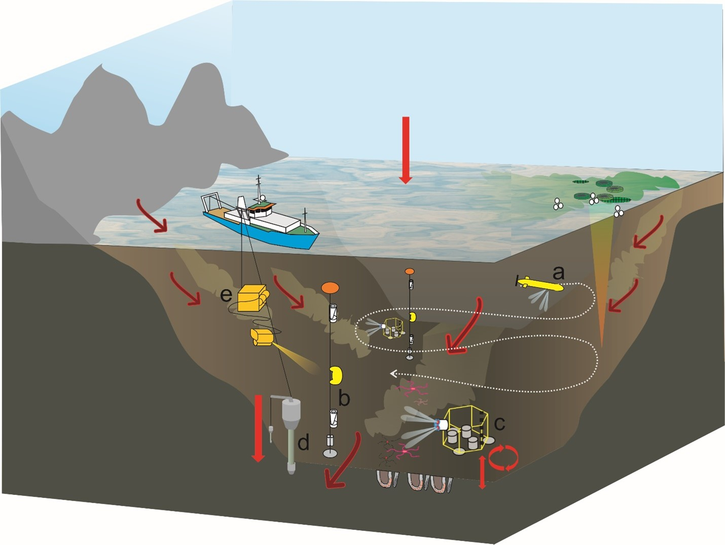 Schematic overview of the processes to be investigated in the Norwegian Trench controlling carbon and nutrient cycling and some of the techniques to be deployed by NoSE  a. Glider, b. Mooring, c. Lander, d. Piston corer, e. Remotely operated vehicle (ROV)