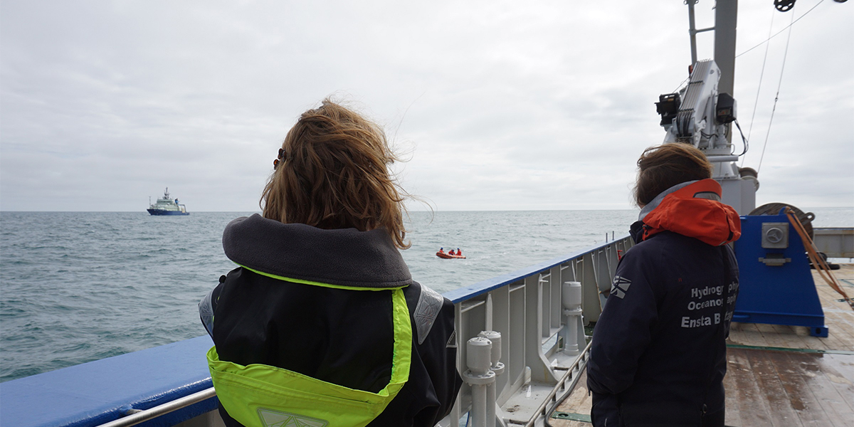 Photo: Femke (left) and Elodie (right) looking at the Neil Armstrong and its small boat. Credit: Fleur Wellen