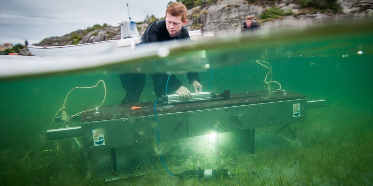 Researcher Jaco de Smit in action with a field flume. This is a test rig in which a piece of seabed is subjected to a fixed amount of current or waves. Photo: Eduardo Infantes.