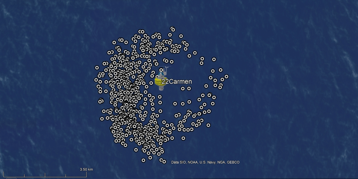 Google Earth image of almost one year of buoy positions. Each dot represents one of the twice-daily positions the buoys send.