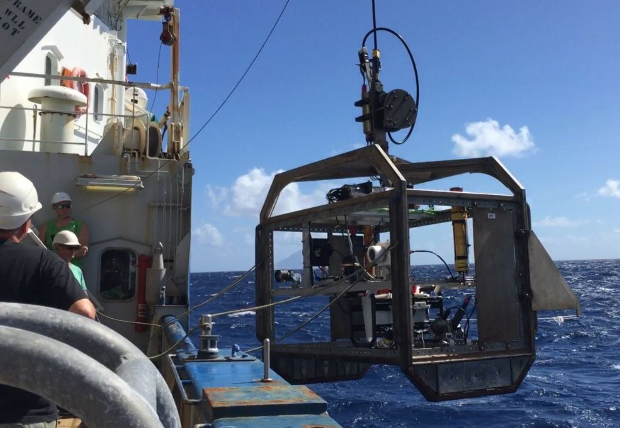 "We get the videos from near the sea floor by slowly towing this frame across the sinkhole, heavily armed with cameras". Photo: Matthew Humphreys