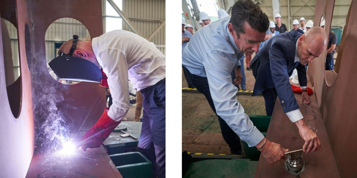 Welding of the coin on the first steel plate by Henk Oenema (Captain RV Pelagia) and Gert-Jan Reichart (Head of Ocean Research and scientific coordinator for this project) 