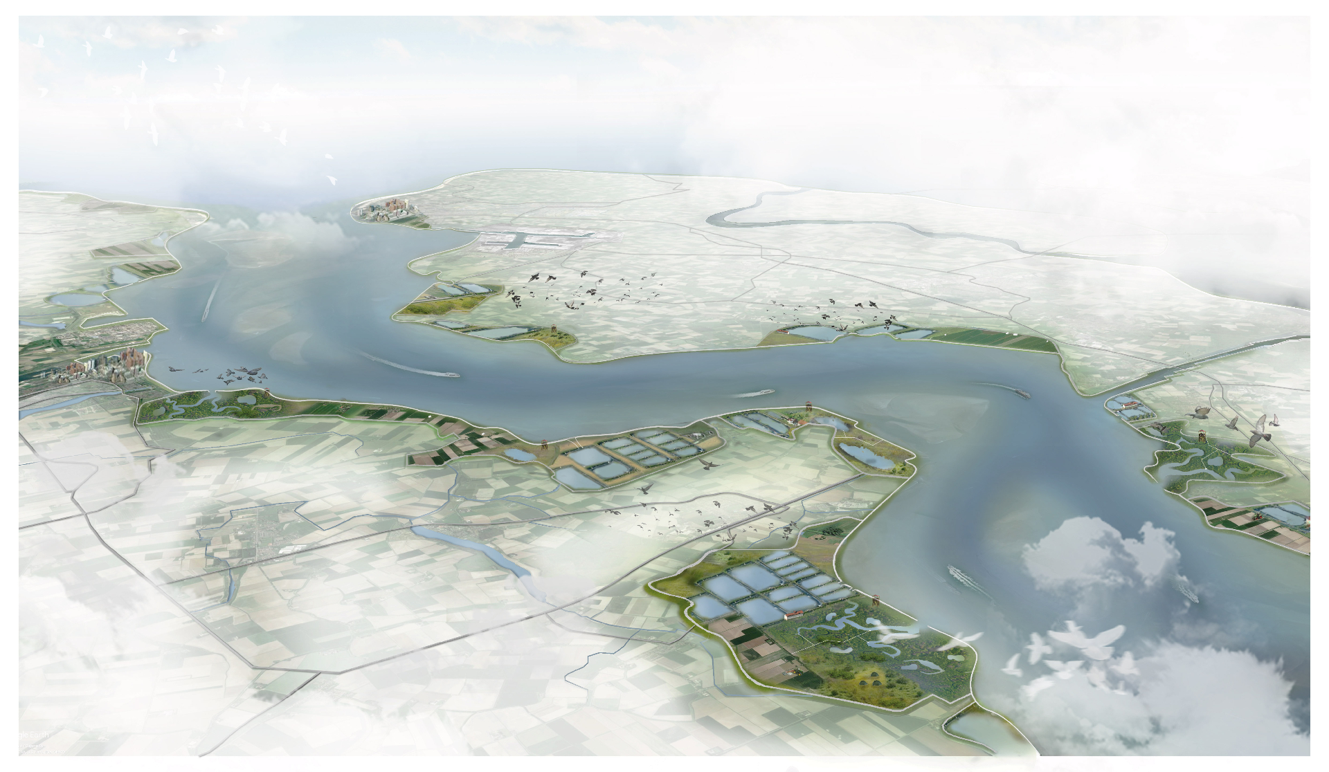 Impression of Double Dikes with the transitional polders in the Western Scheldt. Illustration by Defacto