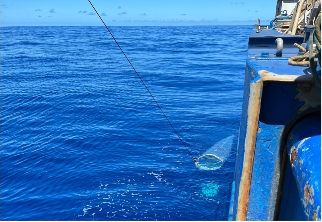 A plankton ringnet coming back to the surface after diving a 100 meters – Olivier Sulpis