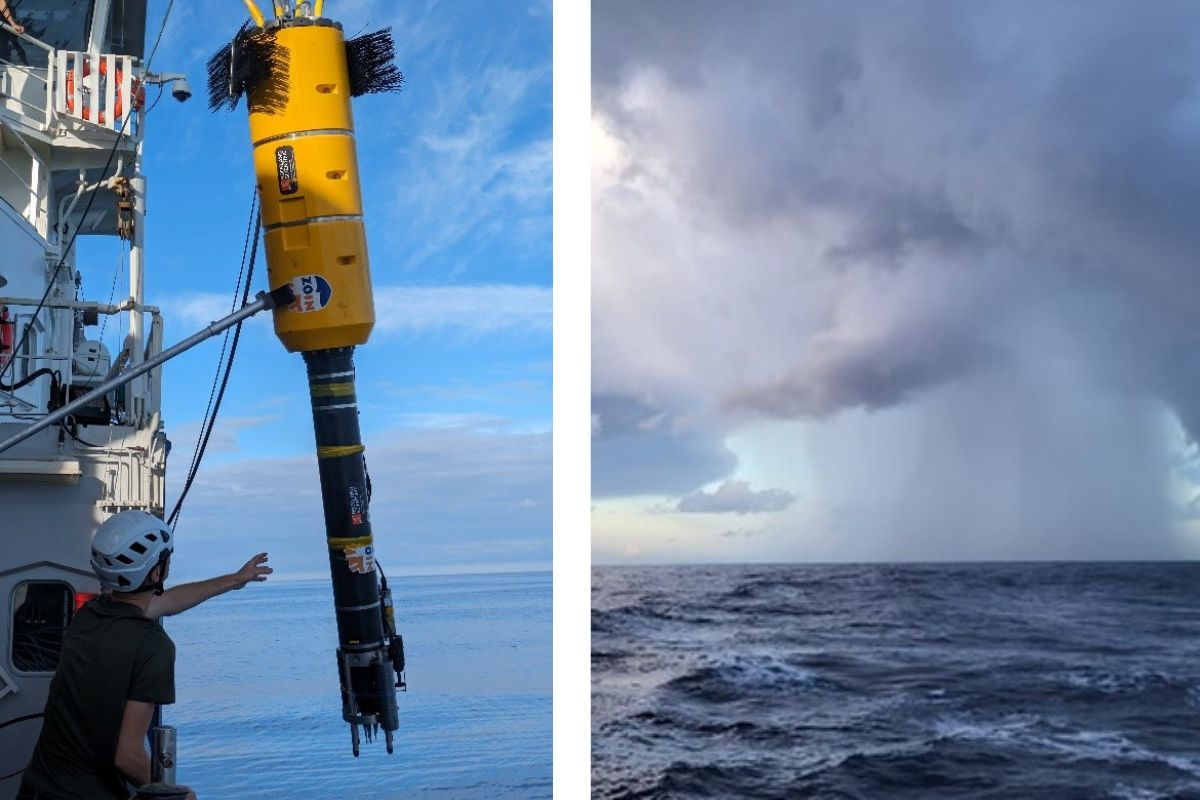 Left: Deployment of the VMP (Photo: Julia Schnetzer). Right:  A rain cloud close to the Pelagia (Photo: Niek Kusters)