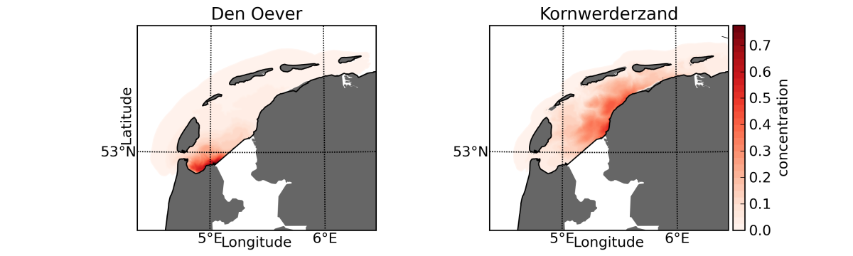 Simulation of the spread of tracers (mimicking freshwater) from the sluices of Den Oever (left) and Kornwerderzand (right)..png