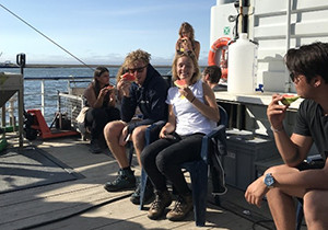 Happy students Hans and Mariska enjoying watermelon on the RV Navicula. Photo: Hester Dijkstra.