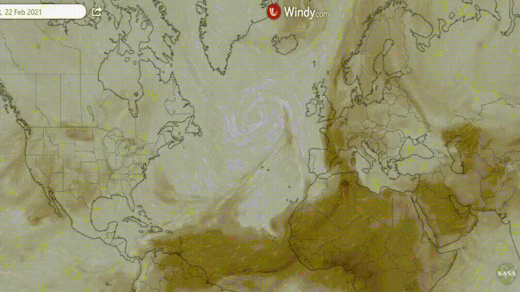 Windy.com animation showing dust from Algeria blowing towards Europe on 22 February 2021