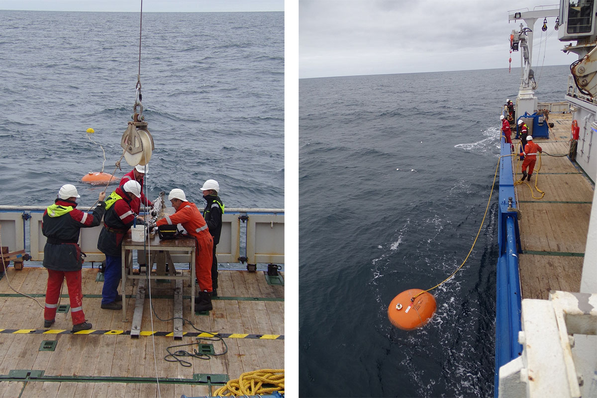Deployment of underwater buoy with sensors to measure the current at different depths over the course of a longer period of time - one or more years.