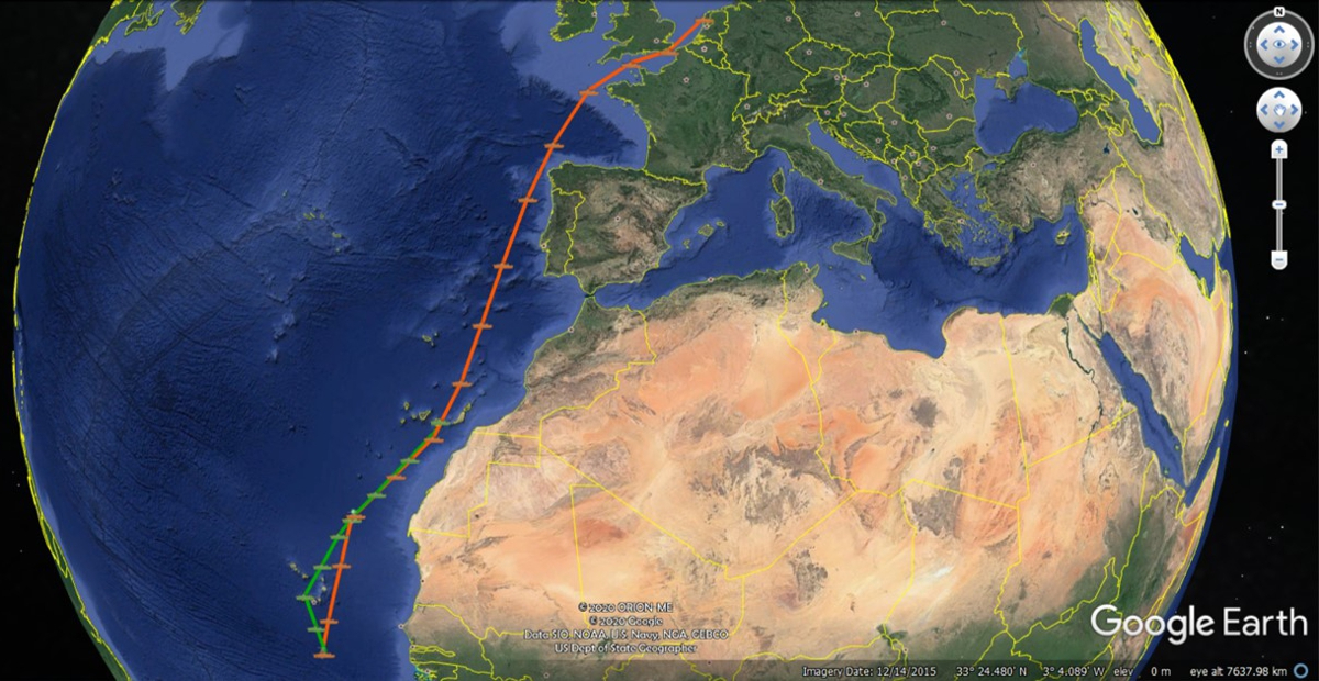 Actual cruise track of expedition 64PE482 (click on image to see the ship's actual position on vesselfinder.com)