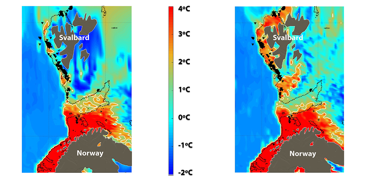 There are only two seasons in the High Arctic: a long winter and a milder summer season. Arctic Ocean bottom water temperatures vary greatly from winter to summer season. This is also evident in the study area offshore Svalbard. Credit: B. Ferré/CAGE, UiT