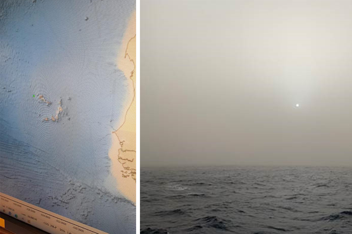 Find the green dot on the left (the Pelagia) and the yellow dot on the right (the sun on this foggy day). Photos: Corina Brussaard & Anna Noordeloos