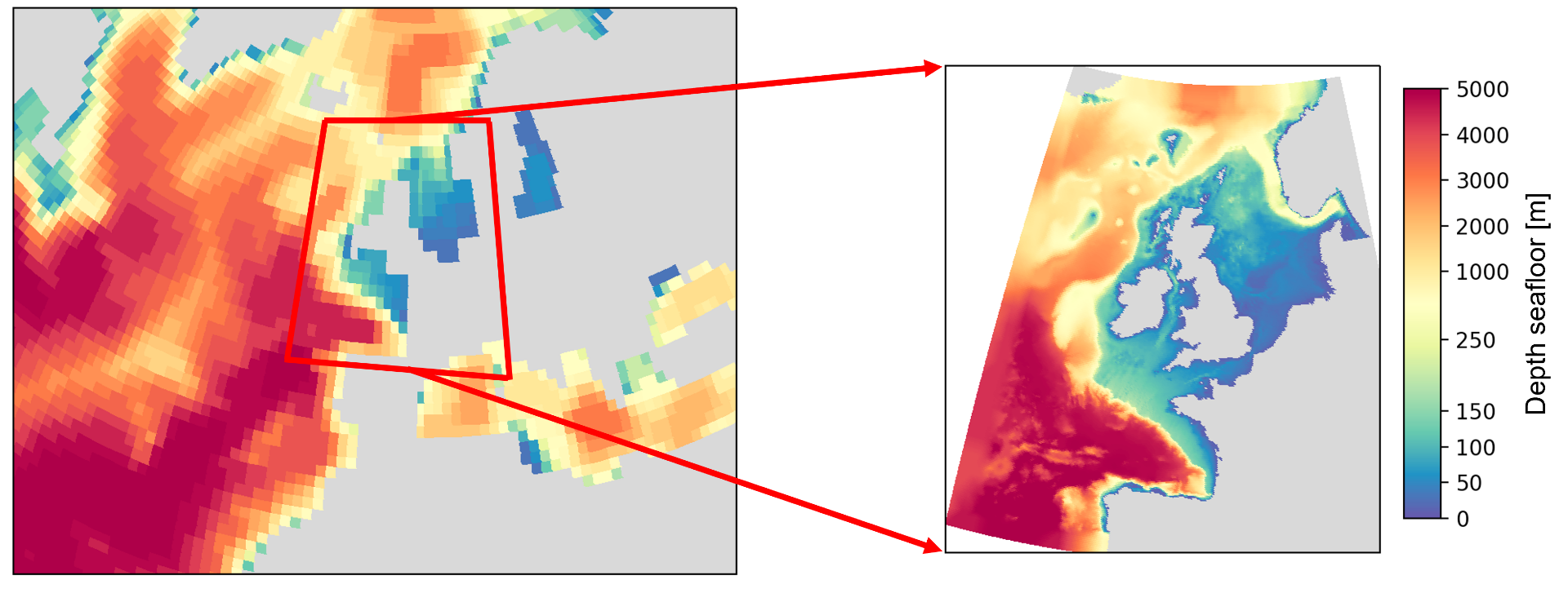 Due to the low resolution of a global climate model (left), the Channel is not taken into account. In a regional model (right) with a high resolution, that water is visible. The Channel will influence the seasonal differences of the sea level around 2100.