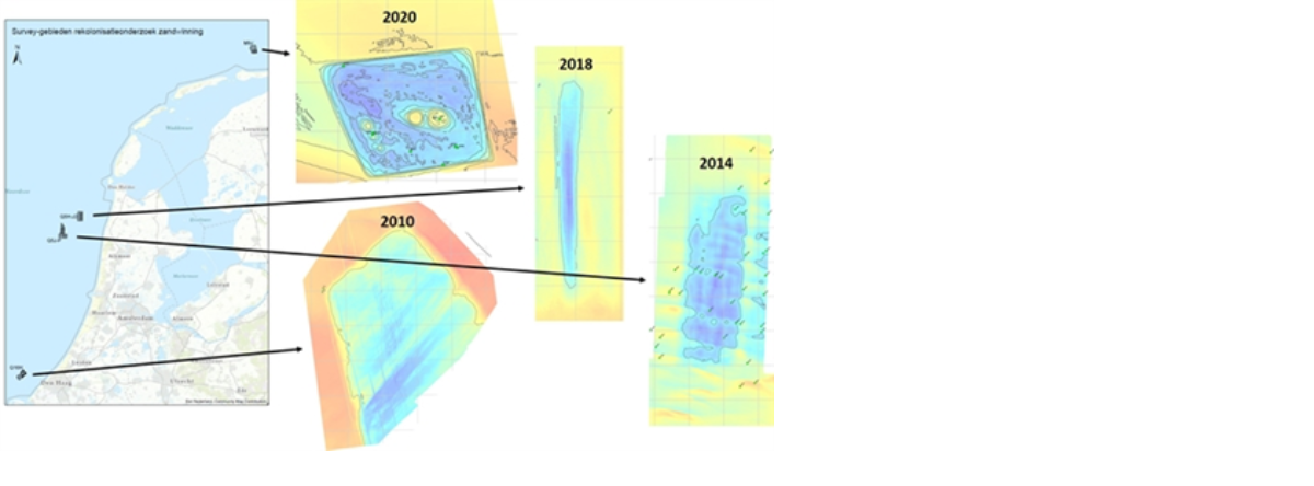 The location, orientation (blue is deep, red is shallow) and year of sand extraction of the four sand extraction sites that have been studied. The grey-coloured grid (500x500m) gives an indication of the size of the well.
