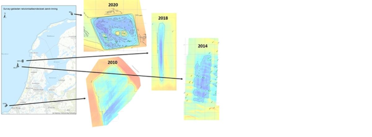 The location, orientation (blue is deep, red is shallow) and year of sand extraction of the four sand extraction sites that have been studied. The grey-coloured grid (500x500m) gives an indication of the size of the well. 