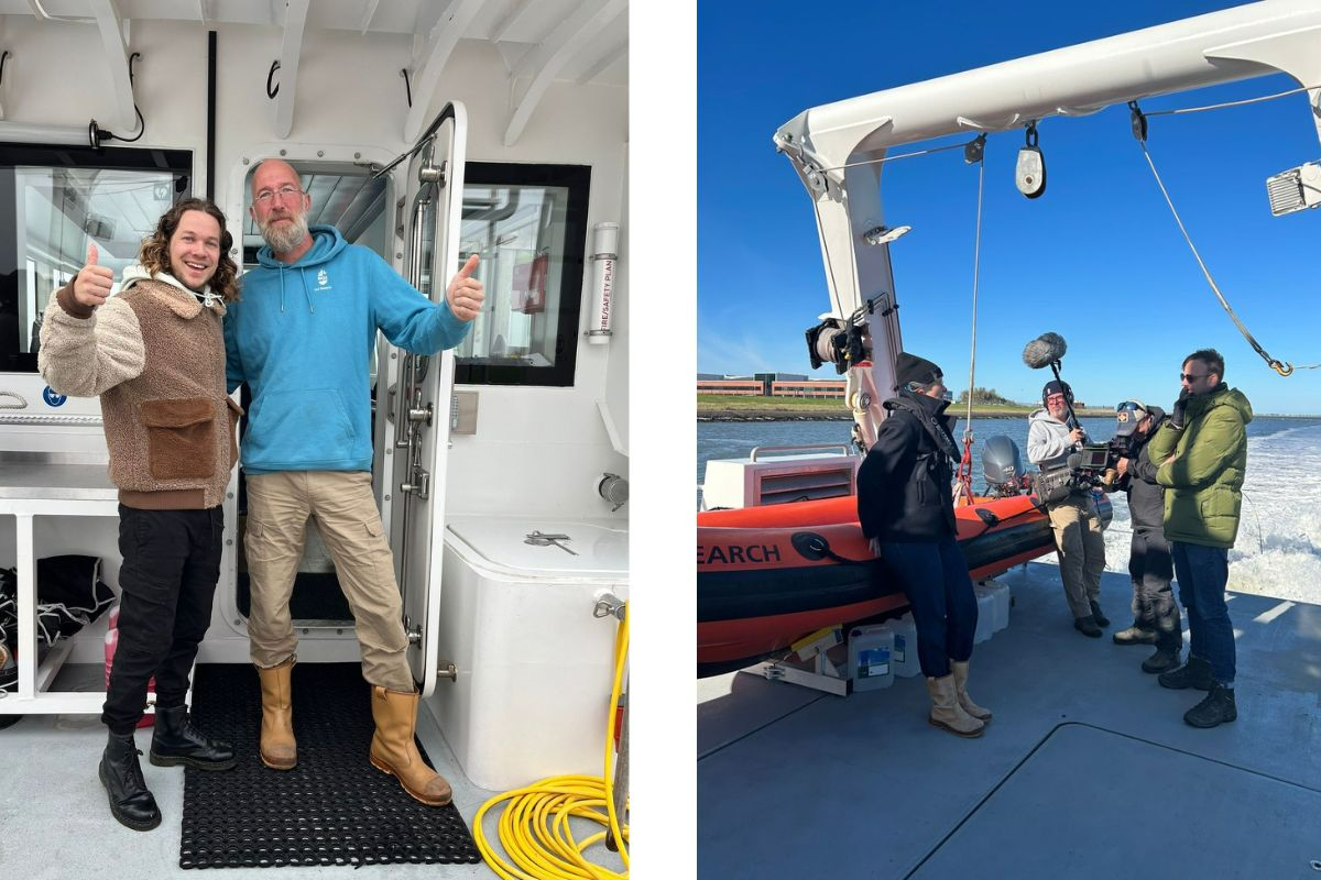 Filmcrew of Klokhuis (photo left) and Focus (photo right) on RV Adriaen Coenen in October 2023