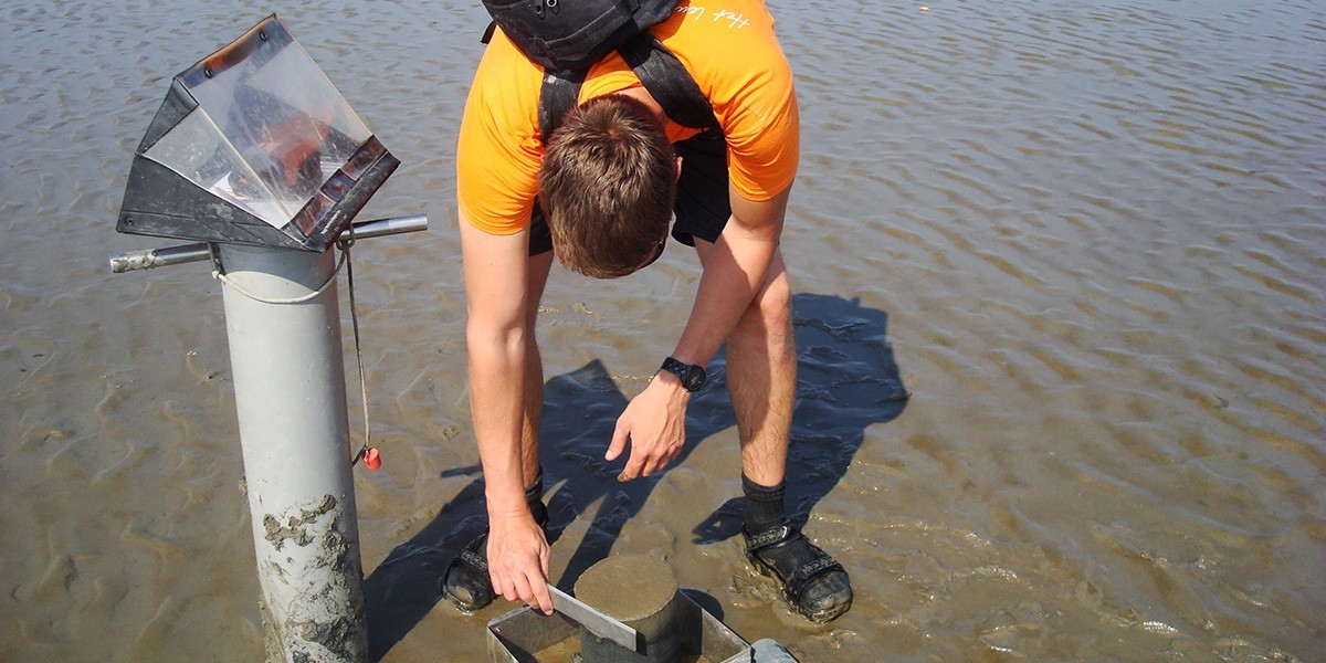 Taking samples on the mudflat (© NIOZ).