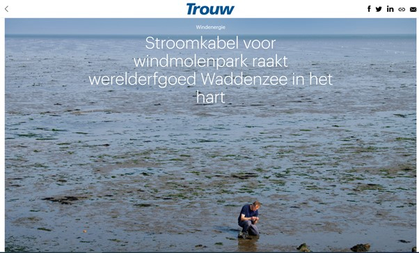 Trouw: Stroomkabel windmolenpark raakt Werelderfgoed Waddenzee in het hart