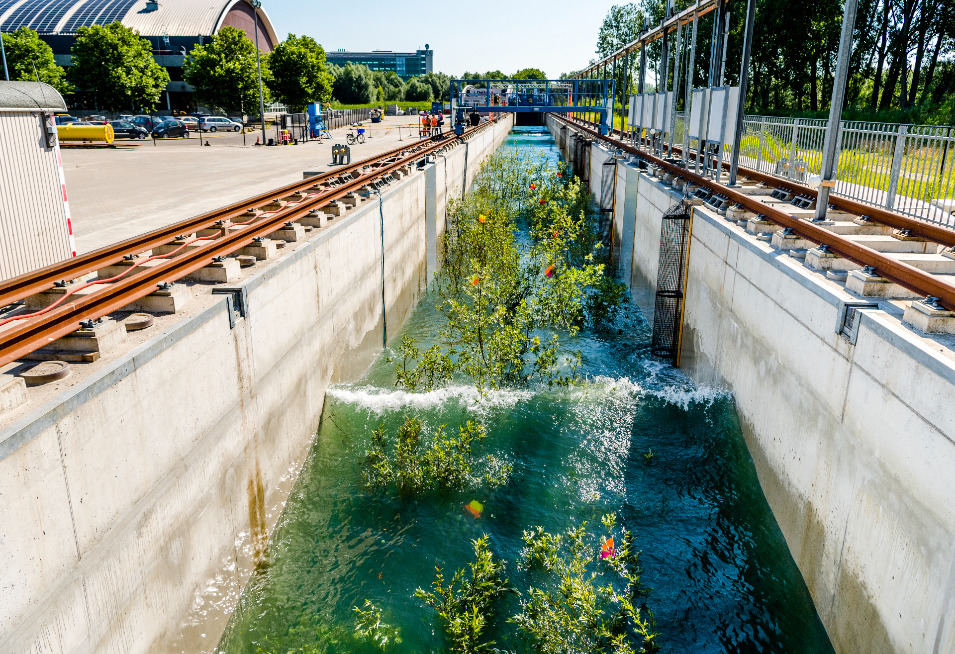 Setup of experiments inside the Delta Flume, the largest wave-testing site in the world. Photo: Marco de Swart