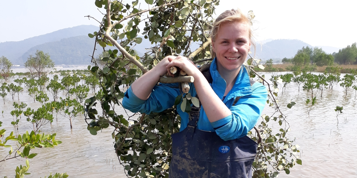 Researcher Rosanna van Hespen with branches she collected during a field campaign in south China. Photo by Tjeerd Bouma.