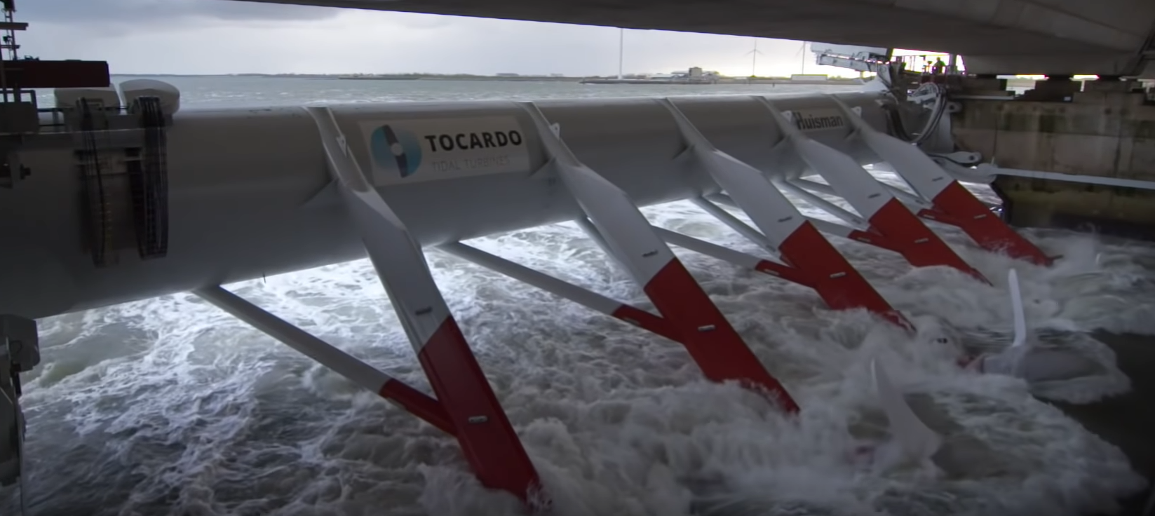 Tidal current turbines in the Oosterschelde storm surge barrier. Photo: Tocardo