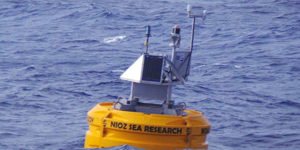 One of the tethered NIOZ buoys "in action" in the eastern subtropical North Atlantic Ocean One of the tethered NIOZ buoys "in action" in the eastern subtropical North Atlantic Ocean