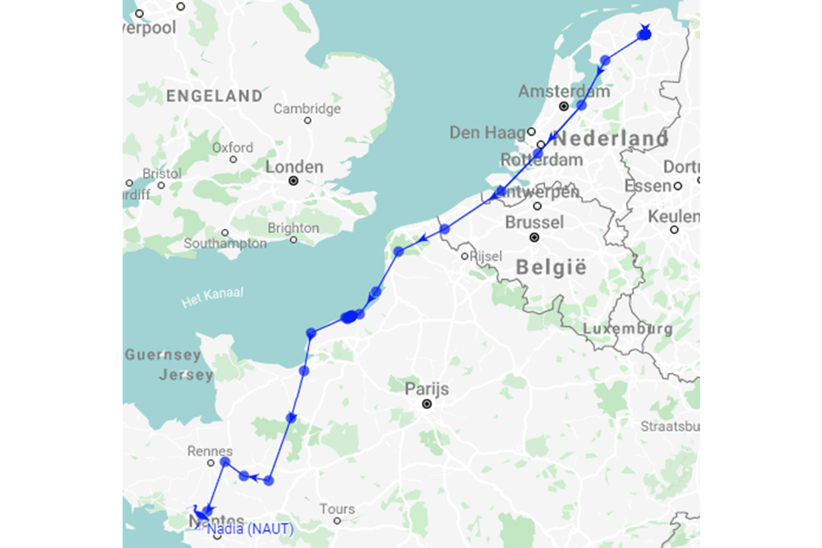 Migration route of Nadia, travelling more than 1000 km from De Onlanden to the Loire estuary in less than 36 hours