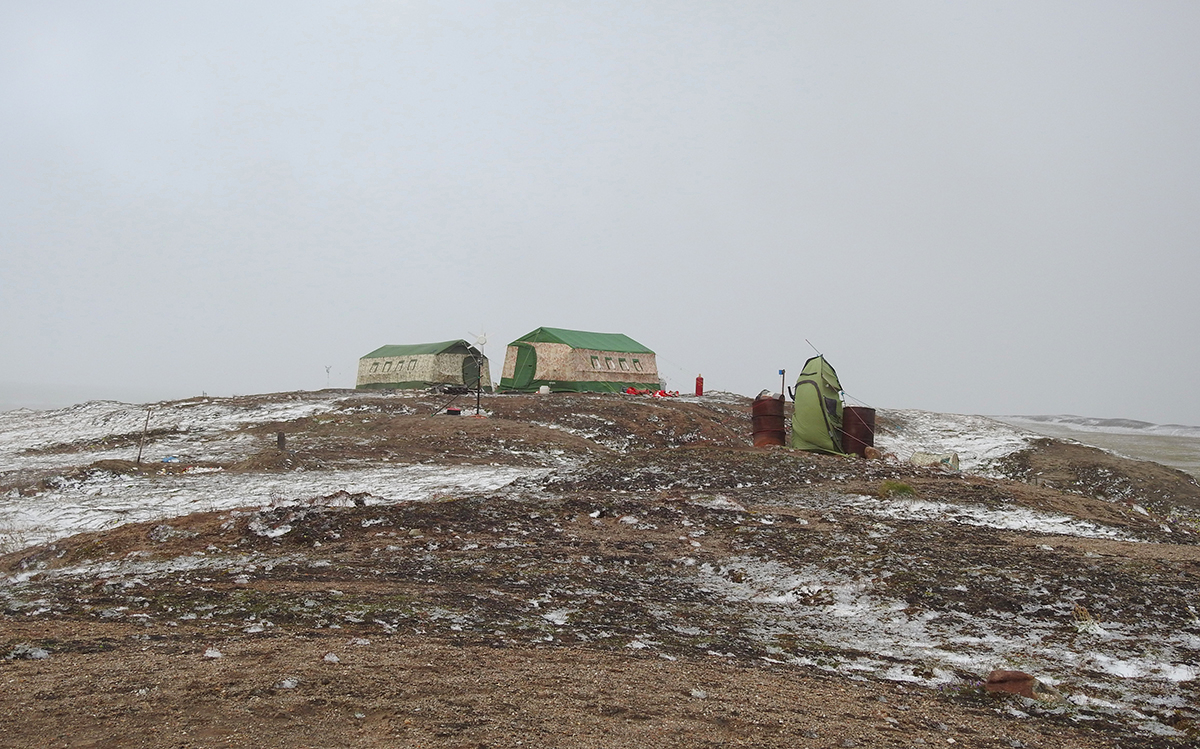 18 juli 2018: Het kamp na een zomerse sneeuwbui midden juli. Juli was qua weer ontstuimig met temperaturen rond het vriespunt, veel mist, motregen en af en toe sneeuw. Dit is het weer waarin jonge kanoeten opgroeien. Foto: Job ten Horn.