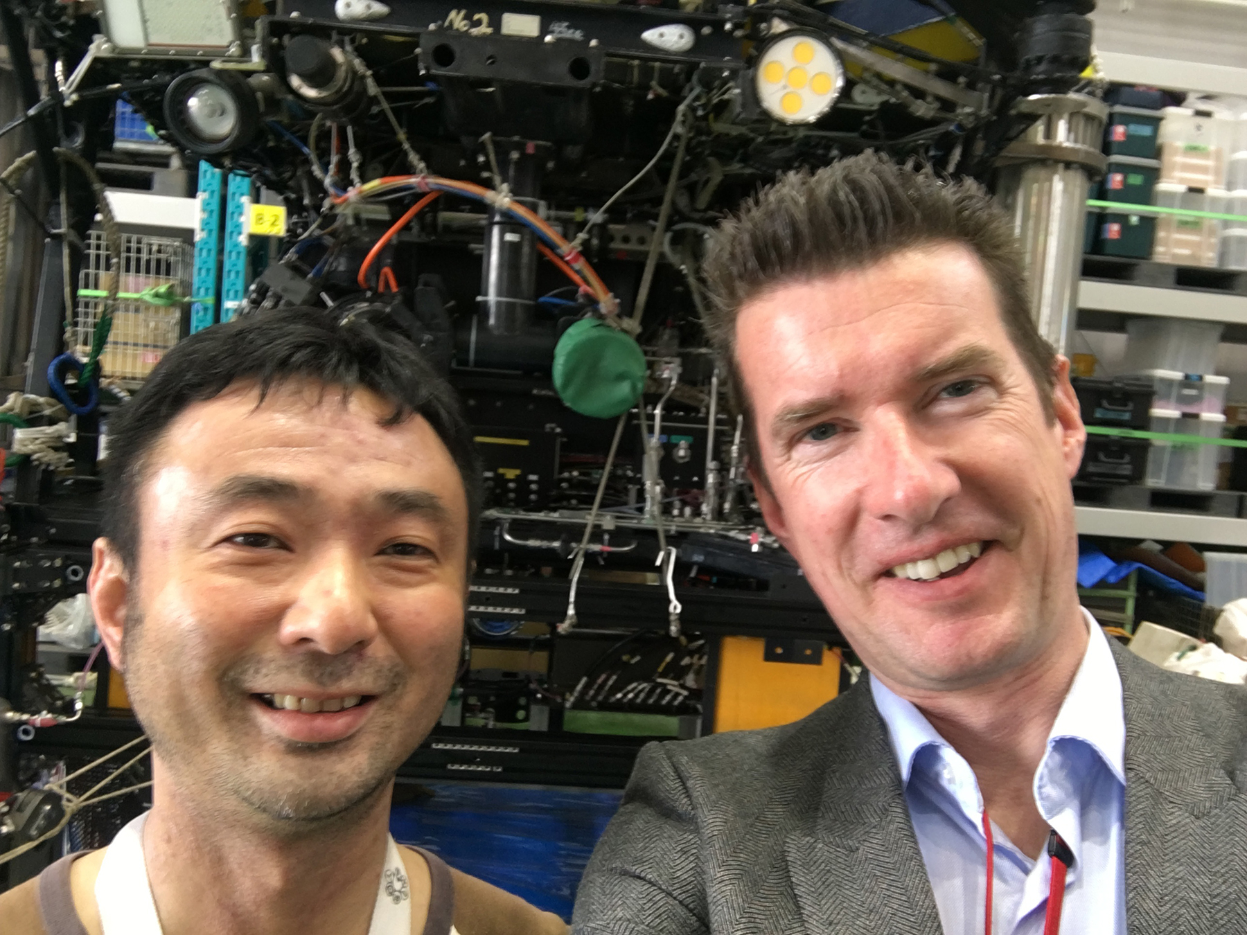 Dr. Takashi Toyofuku, of JAMSTEC and Prof. Dr. Gert-Jan Reichart of NIOZ in front of JAMSTEC Remotely Operated Vehicle (ROV) in Yokohama.