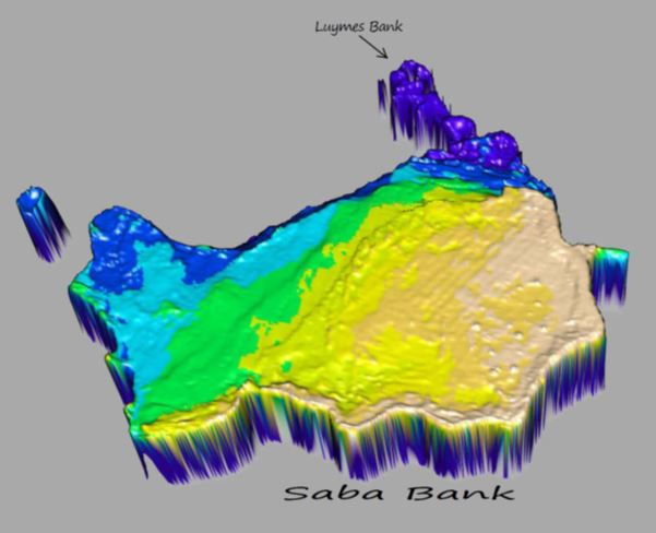 3D beeld van de Sababank met de Luymesbank in het noordoosten. Bron: Erik Meesters (WUR Marine)