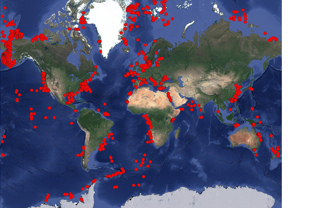 Map of all sampling stations where sediment community oxygen consumption has been measured.