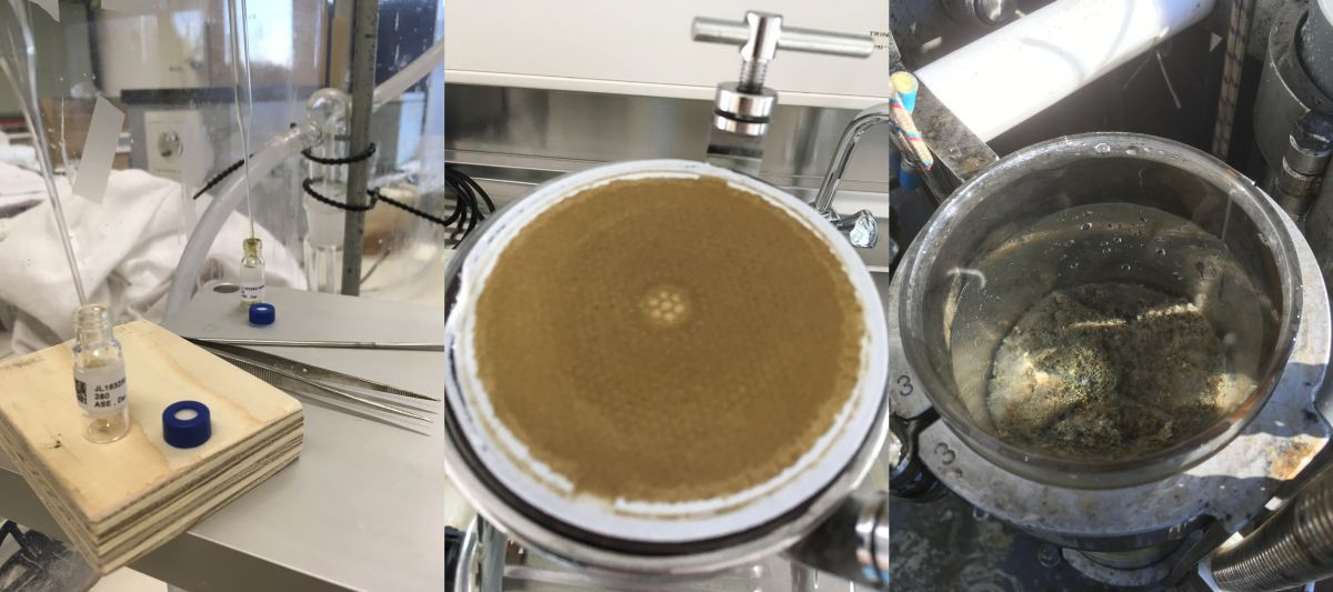 From left to right: Drying of a polar lipid fraction extracted from Arabian Sea sediments, river water filter from the Rhine River and multicore from the Black Sea