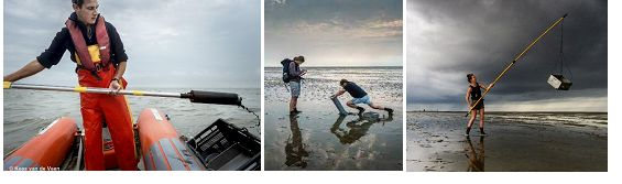 Photos from left: SIBES sampling by boat (photo: Kees van de Veen), SIBES sampling by foot (photo: Kees van de Veen), shrimp sampling (photo: Jasper Doest).