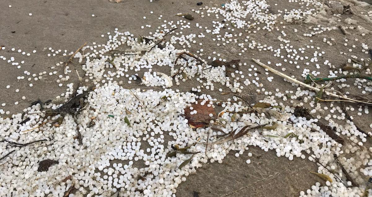 Voor de kust van Schiermonnikoog strandde een container met HDPE-plastickorrels (granulaat). Deze korrels is 'basis plastic' waarmee andere producten gemaakt kunnen worden. Foto: Jorien Bakker.