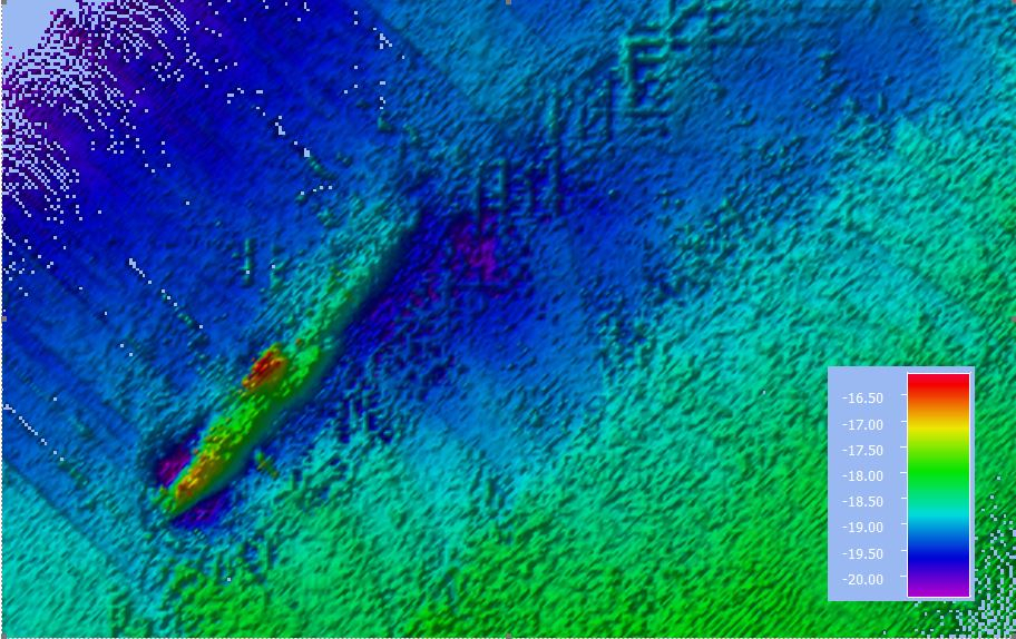 Echosounder image of sunken world war 1 submarine of the coast of Vlieland. Above figure created using QPS Qimera software