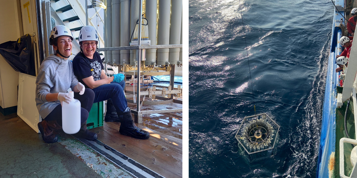 Left: Eleonora and Sophie collecting water from a CTD cast. Right: CTD coming back on board.