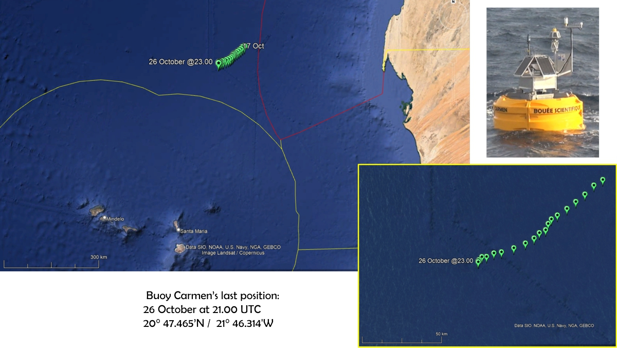 Google Earth images showing buoy Carmen's drifting path
