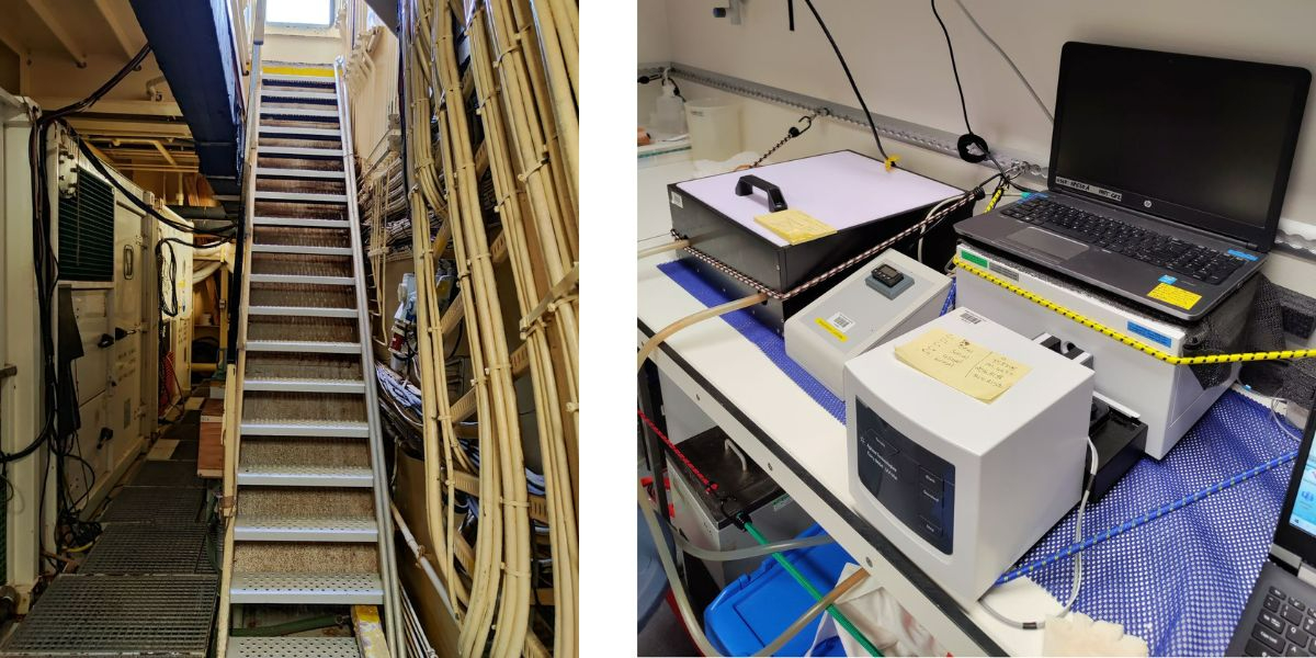Left: the stairs to light. Right: The spectrophotometer used for pH, oxygen and carbonate ions analysis during the few hours that is not producing results.Photos: Yasmine Ourradi