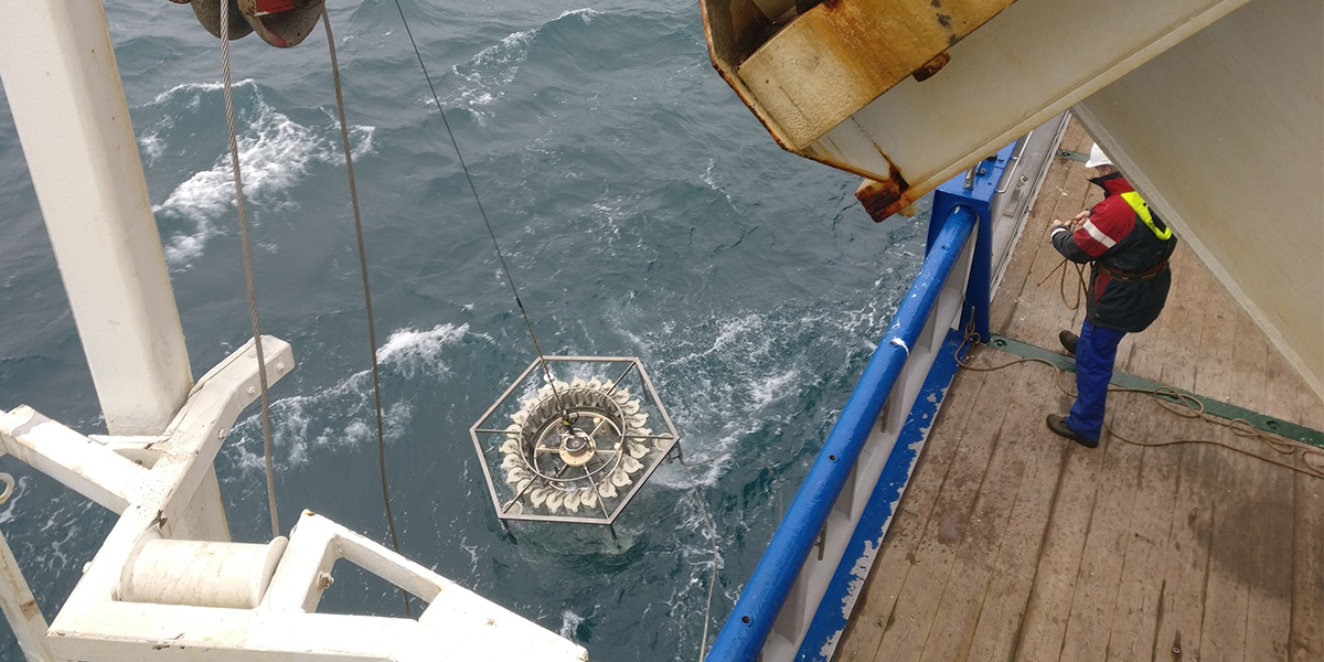 CTD frame with sample bottles in the water